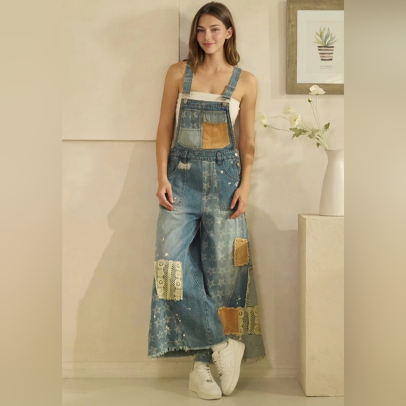 #1374 Oli & Hali Boho Starlight Patchwork Wide-Leg Denim Overalls - Picture 3 of 8